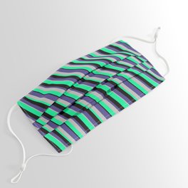 [ Thumbnail: Dark Slate Blue, Grey, Green, and Black Colored Lines/Stripes Pattern Face Mask ]