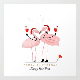Flamingos. Wine glass with a loving couple Art Print