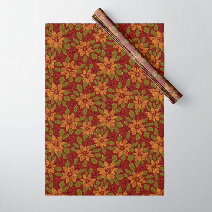 Poinsettia Pattern in Ruby Red, Gold and Olive Green on Vivid Red Background Wrapping Paper