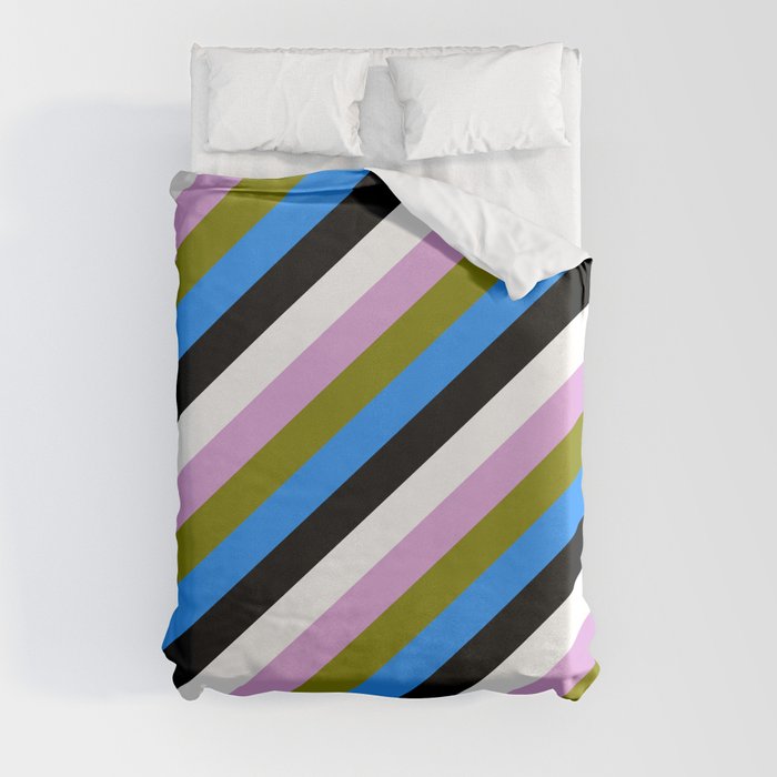 Eye-catching Plum, Green, Blue, Black, and White Colored Stripes Pattern Duvet Cover