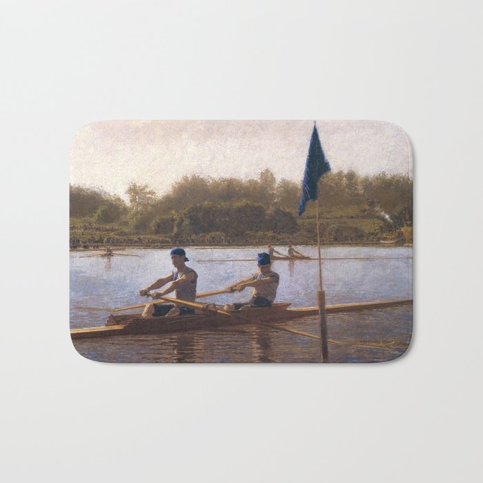 Boston's Head of the Charles River Regatta crew rowing racing boats landscape masterpiece by Thomas Eakins Boston's Head of the Charles Regatta Bath Mat