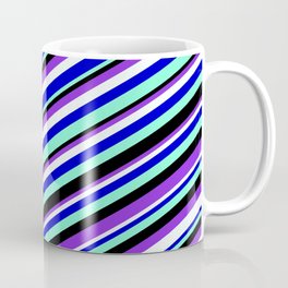 [ Thumbnail: Vibrant Blue, Aquamarine, Black, Purple, and Mint Cream Colored Lined Pattern Coffee Mug ]