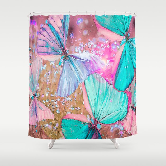 Turquoise butterflies on a pink background - lovely summer mood #decor #society6 #buyart Shower Curtain