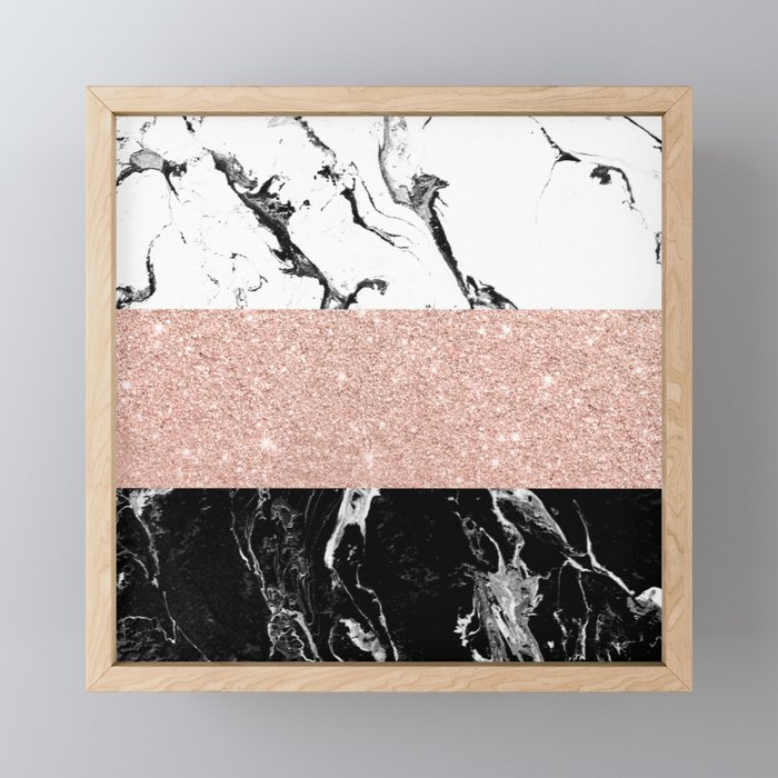 Modern Black White Marble Rose Gold Color Block Stripes Pattern