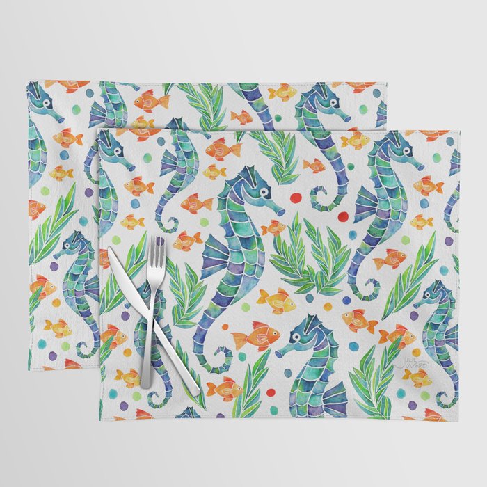 Seahorse Watercolor Pattern - Blue Green & Orange Placemat