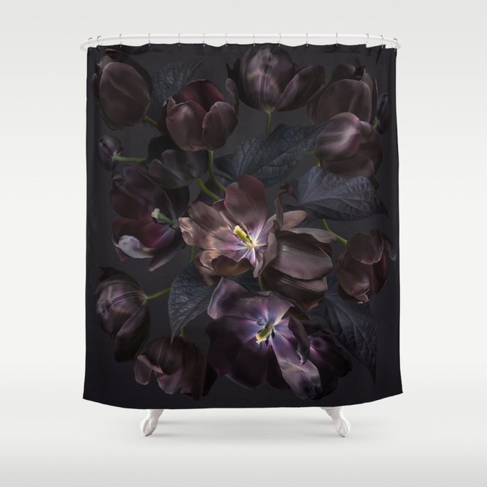 Black tulips on dark background Shower Curtain