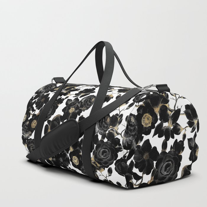 Modern Elegant Black White and Gold Floral Pattern Duffle Bag