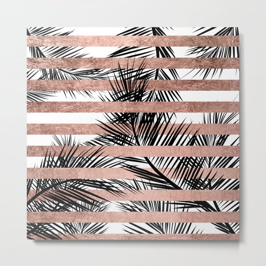 Trendy tropical palm trees chic rose gold stripes Metal Print