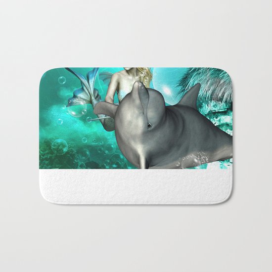 Beautiful mermaid with cute dolphin Bath Mat