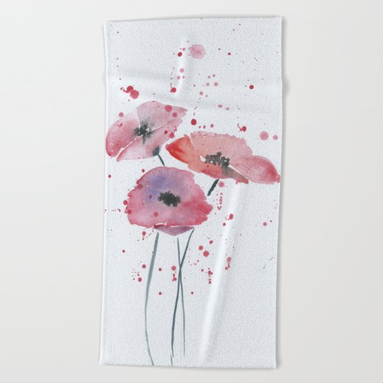 Red poppy flowers watercolor painting Beach Towel