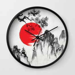 Japanese Landscape v4 Wall Clock | Japanese, Sun, Mountain, Graphicdesign, Japan, Typography, Artwork, Watercolor, Ink, Japanesesun 