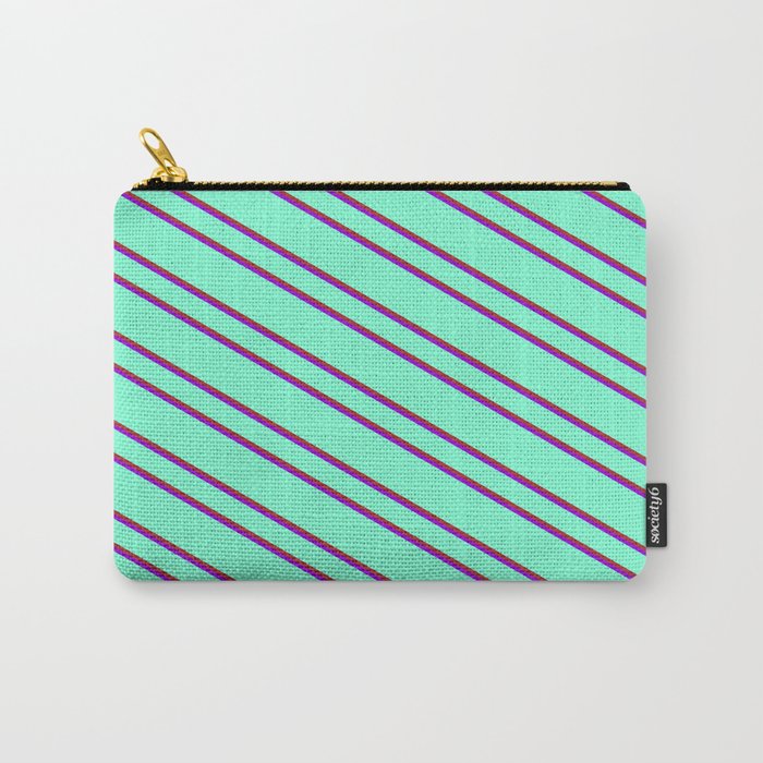 Aquamarine, Brown, and Dark Violet Colored Pattern of Stripes Carry-All Pouch