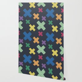 Modern colorful geometric tie dye X pattern on navy Wallpaper