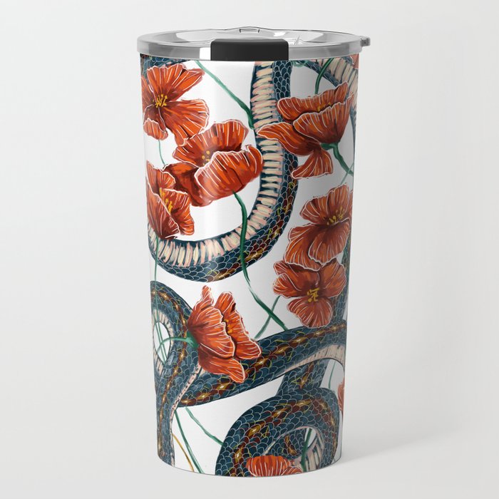 Let Go, Let Grow – Teal Snake in Red Poppies Travel Mug