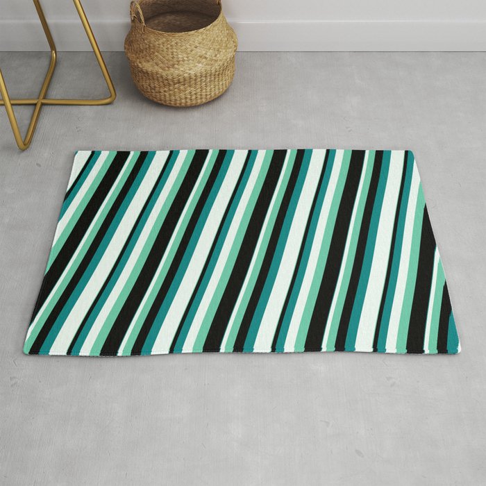 Aquamarine, Black, Teal, and Mint Cream Colored Lined Pattern Rug