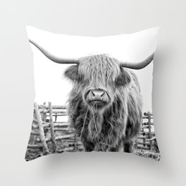 Highland Cow in a Fence Black and White Throw Pillow