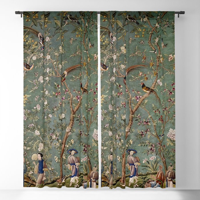 Antique Hand Painted Chinoiserie Botanical Flower Garden  Blackout Curtain