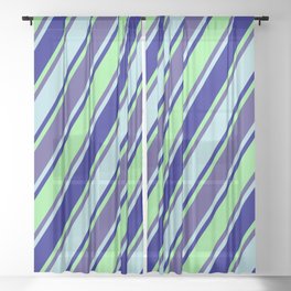 [ Thumbnail: Dark Slate Blue, Powder Blue, Blue, and Light Green Colored Pattern of Stripes Sheer Curtain ]