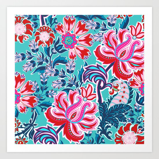 Bohemian Floral Paisley in Turquoise, Red and Pink Art Print
