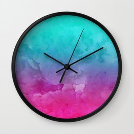 Modern bright summer turquoise pink watercolor ombre hand painted background Wall Clock