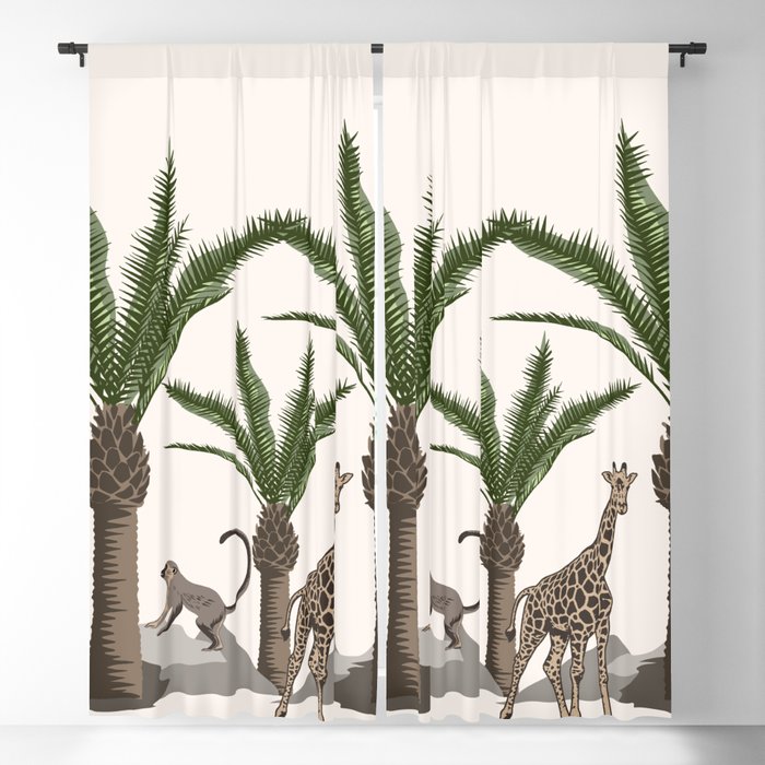 Tropical jungle and safari animal design. Palm tree, giraffe, raccoon pattern Blackout Curtain