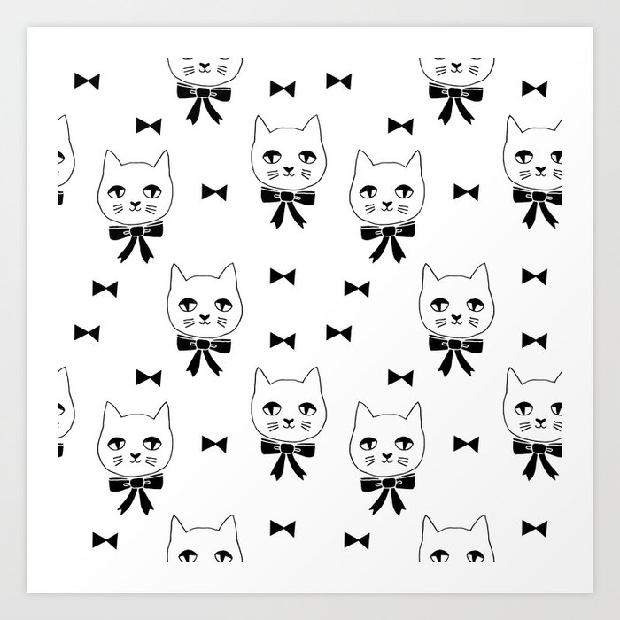 Cute Cats Bow Ties Black And White Kittens Cat Art Pattern Design By Andrea Lauren Art Print By Andrealaurendesign