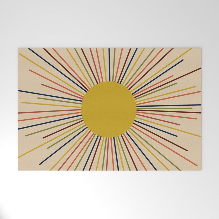 Mid-Century Modern Sunburst - Minimalist Abstract Sun in Mid Mod Mustard, Orange, Olive, Blue, and Beige Welcome Mat