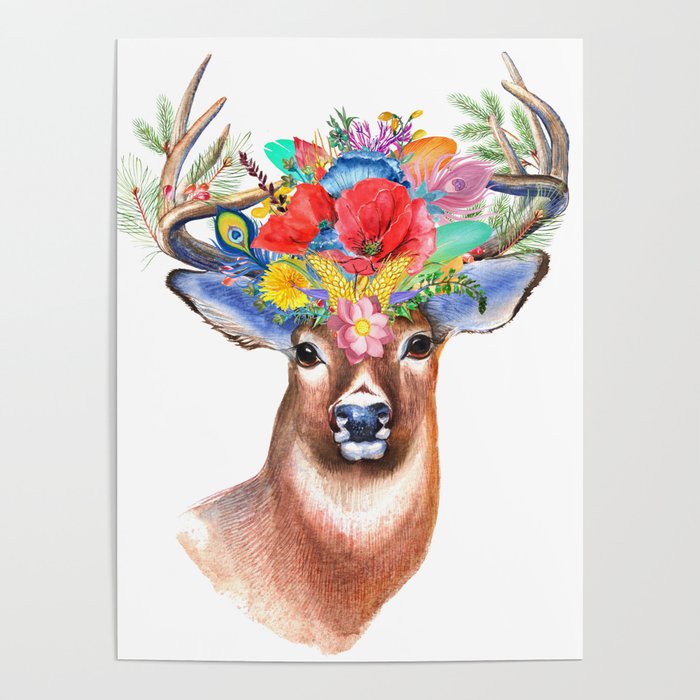 Stag and Wildflowers Poster