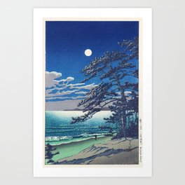 Light-blue Sunrise Spring Moon at Ninomiya Beach by Hasui Kawase portrait painting art print Art Print