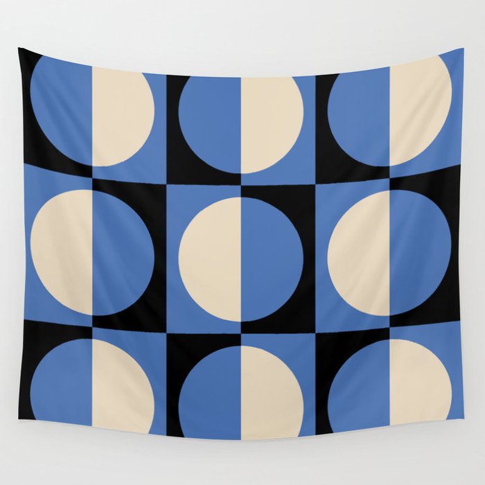 Retro 1970s Style Geometric Pattern 437 Black and Blue Wall Tapestry