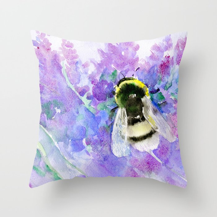 Bumblebee and Lavender Flowers Herbal Bee Honey Purple Floral design Throw Pillow
