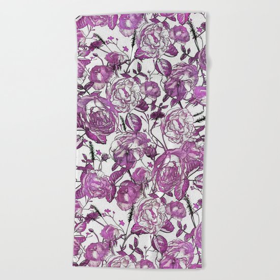 Purple Vintage Retro Flower Pattern Beach Towel