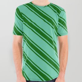 [ Thumbnail: Aquamarine & Dark Green Colored Stripes/Lines Pattern All Over Graphic Tee ]