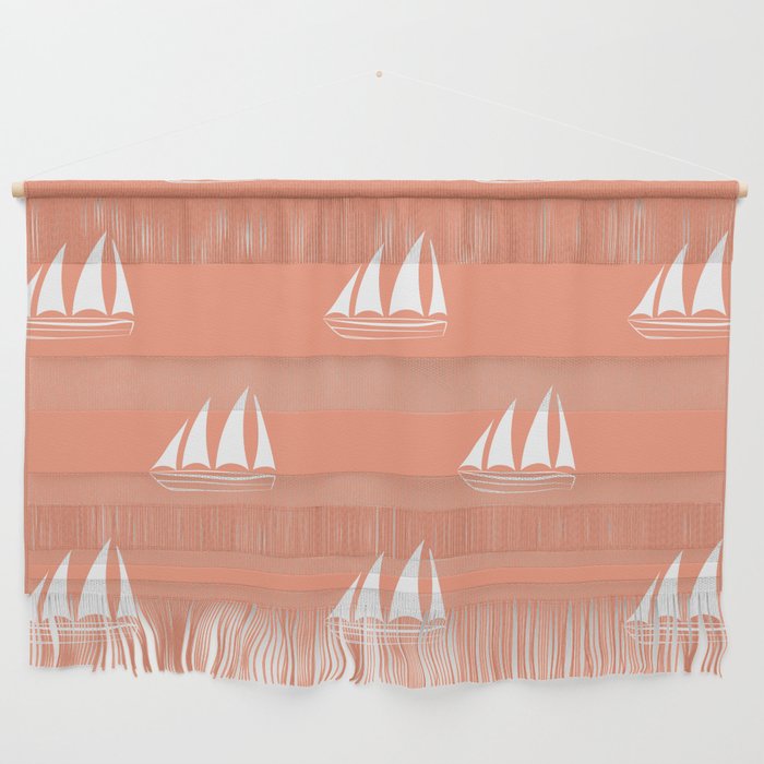 White Sailboat Pattern on coral background Wall Hanging