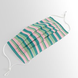 [ Thumbnail: Dark Sea Green, Pink & Teal Colored Lined/Striped Pattern Face Mask ]