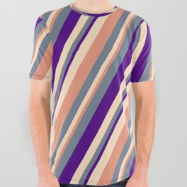 [ Thumbnail: Slate Gray, Indigo, Bisque & Dark Salmon Colored Stripes/Lines Pattern All Over Graphic Tee ]