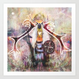 Hrán Móddren - Mother Of Reindeer Art Print | Reindeer, Antlers, Animist, Paganism, Painting, Animistart, Spiritualart, Drum, Spirit, Shaman 