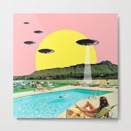 Invasion on vacation (Square) Metal Print | Aliens, Sci-Fi, Summer, Kitsch, Ufo, Paradise, 60S, Scifi, Alien, Beach 