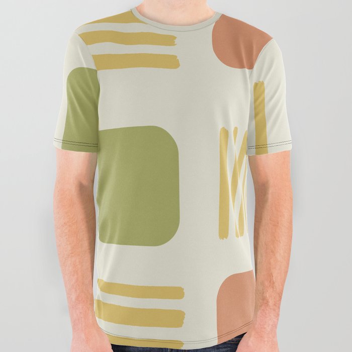 Mid-Century Modern Squares Lines Green Orange All Over Graphic Tee