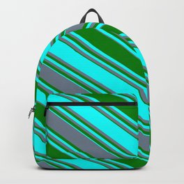 [ Thumbnail: Slate Gray, Green & Cyan Colored Stripes/Lines Pattern Backpack ]