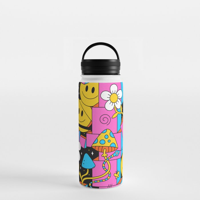 Space trippy 60s style psychedelic geometry seamless pattern art. crazy illustration. Smiley groovy faces, magic mushrooms, space, techno, acid, trippy style seamless pattern wallpaper print concept Water Bottle