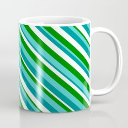 [ Thumbnail: Turquoise, Dark Cyan, Mint Cream, and Green Colored Lined Pattern Coffee Mug ]