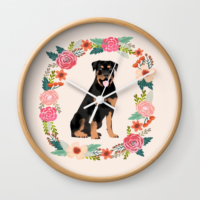 rottweiler floral wreath dog breed pet portrait pure breed dog lovers Wall Clock
