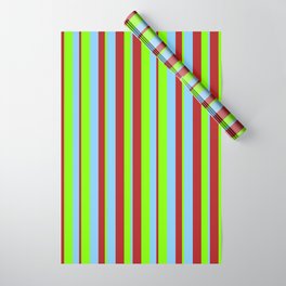 [ Thumbnail: Red, Light Sky Blue, and Chartreuse Colored Lined/Striped Pattern Wrapping Paper ]