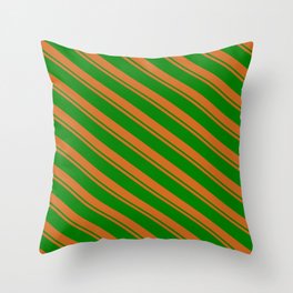 [ Thumbnail: Chocolate and Green Colored Lined/Striped Pattern Throw Pillow ]