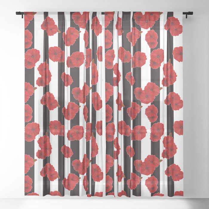 Red Poppies On A Black And White Striped Background Sheer Curtain