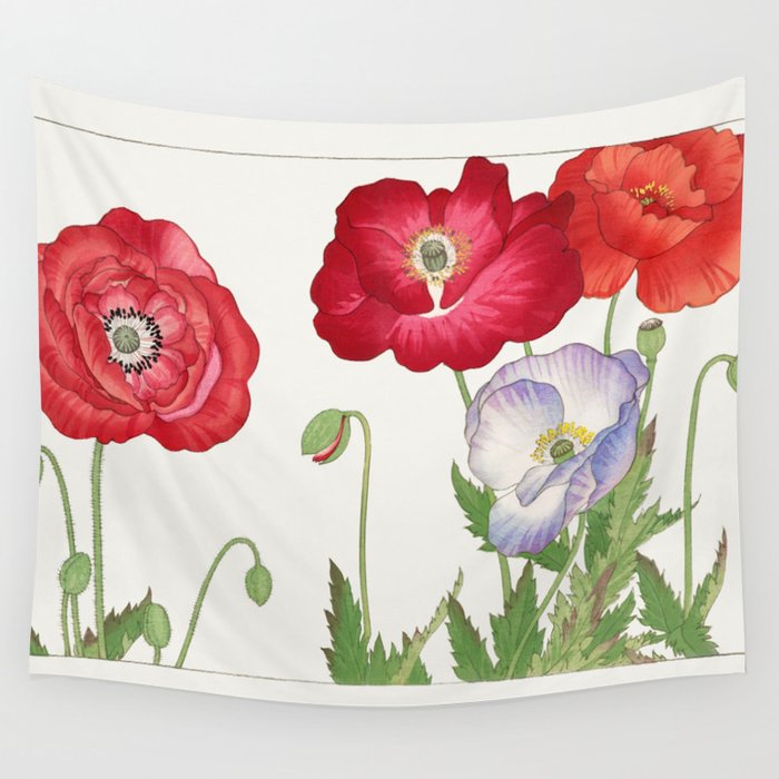 Japanese Vintage Red Poppies Watercolor  Wall Tapestry