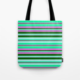 [ Thumbnail: Turquoise, Green, Orchid & Dark Green Colored Striped/Lined Pattern Tote Bag ]