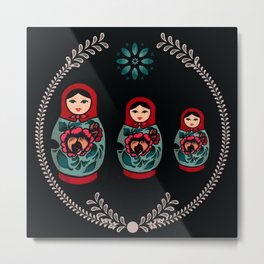 Russian Dolls // Folk Art // Red, Black and Teal  Metal Print