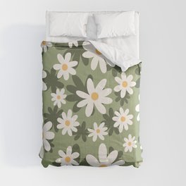 Flower Market London, Retro Daisies  Print, Green Ditsy Pattern Comforter